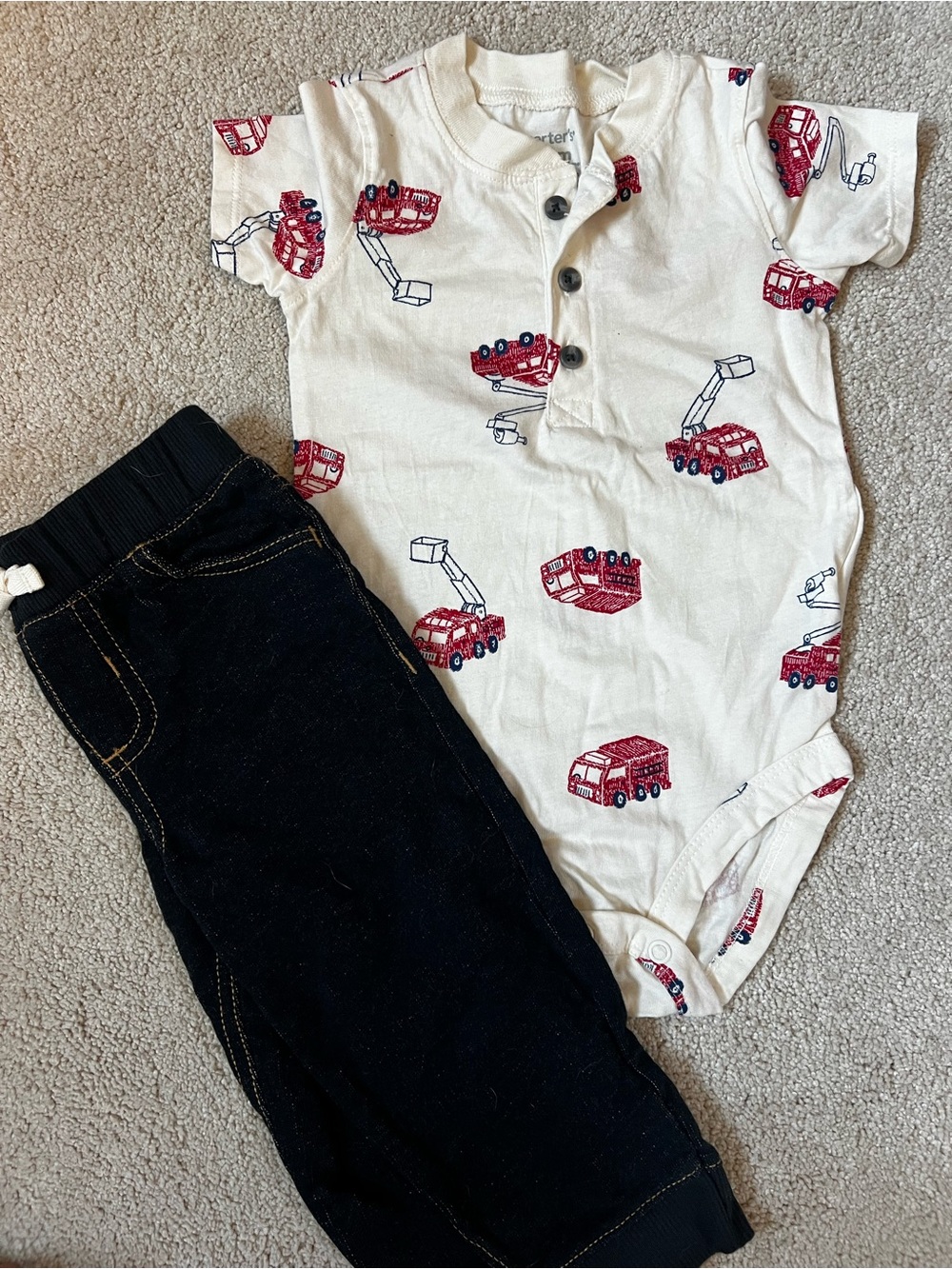 Carter's White Bodysuit with Red Firetruck Print and Navy Pants 18 months